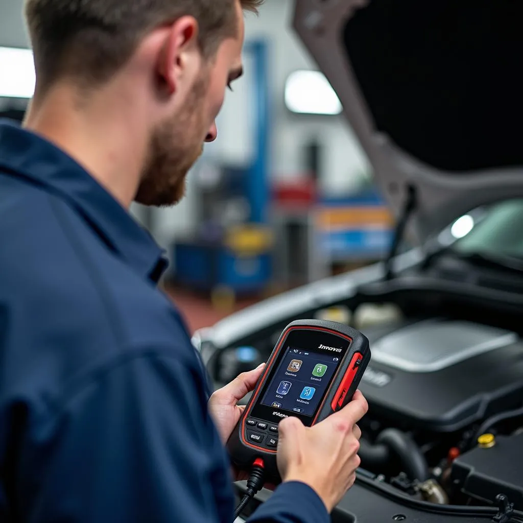 Mécanicien utilisant un scanner OBD2 Innova sur le moteur d'une voiture européenne