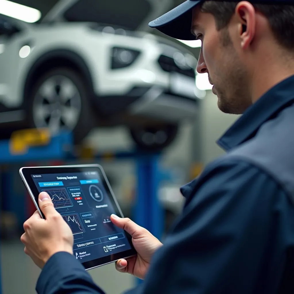 Mécanicien utilisant une tablette pour diagnostiquer une voiture