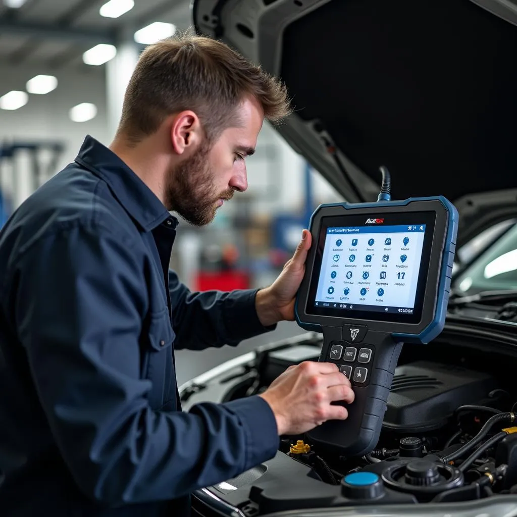 Mécanicien utilisant un outil de diagnostic Autel