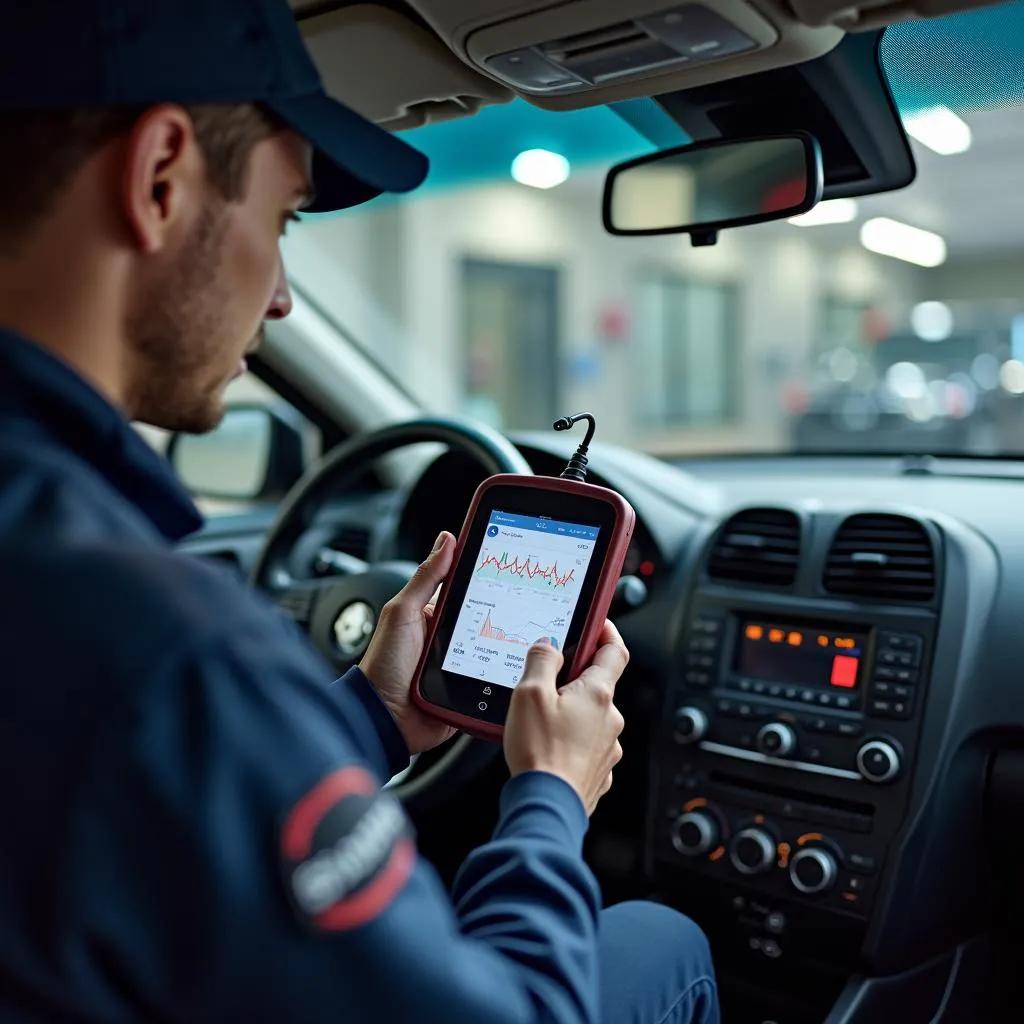 Un mécanicien utilisant un outil de diagnostic sur une voiture pour analyser les données