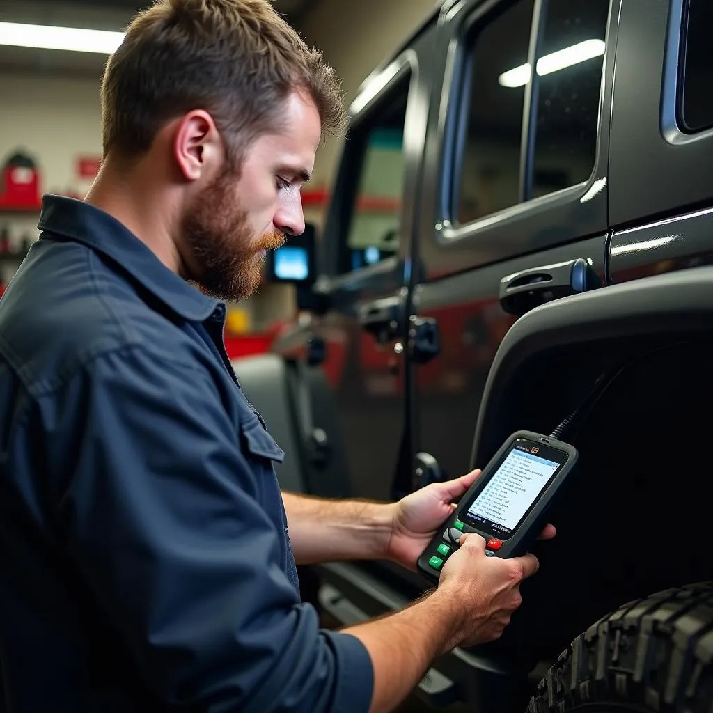 Mécanicien utilisant un scanner OBD sur une Jeep