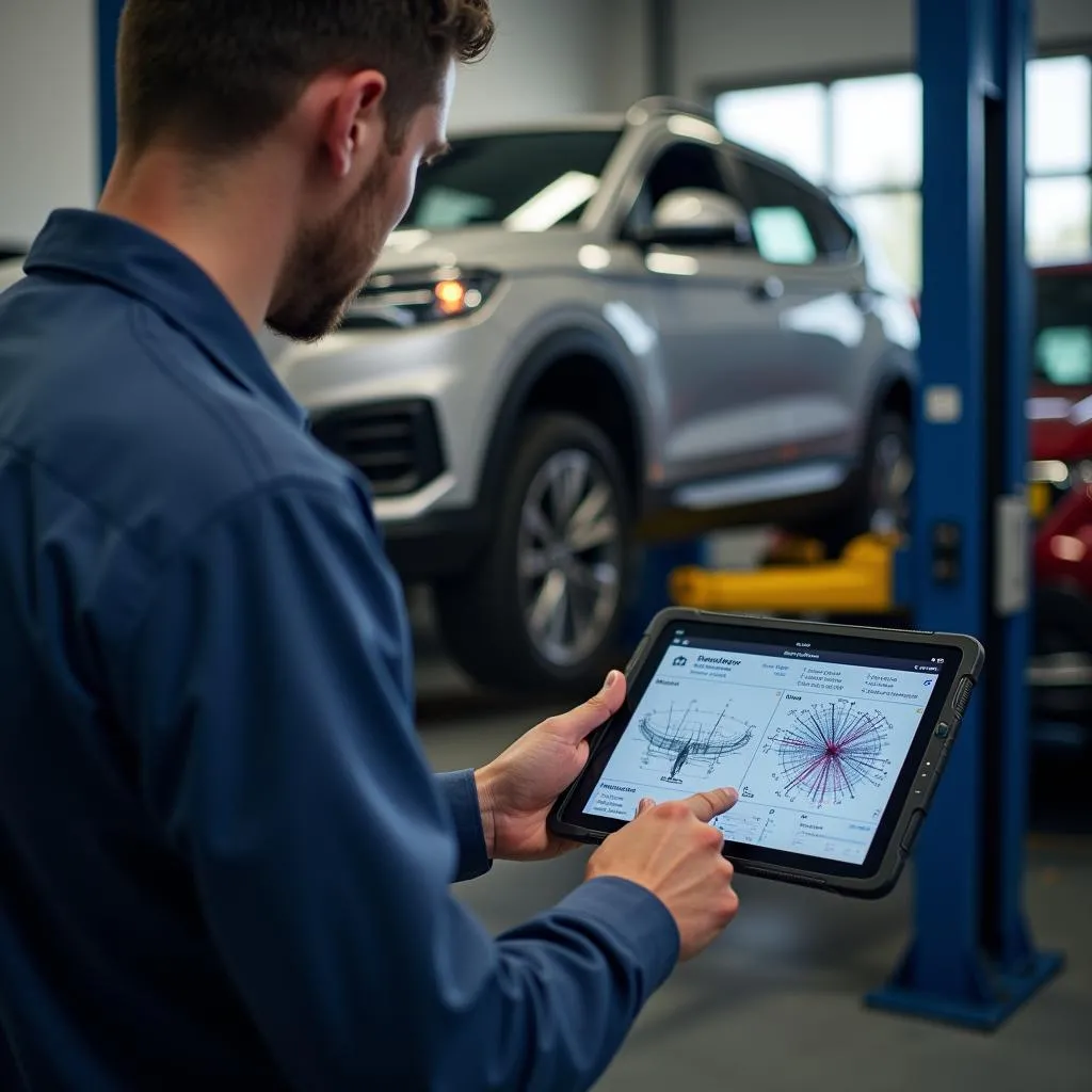 Mécanicien utilisant une tablette numérique pour le diagnostic automobile