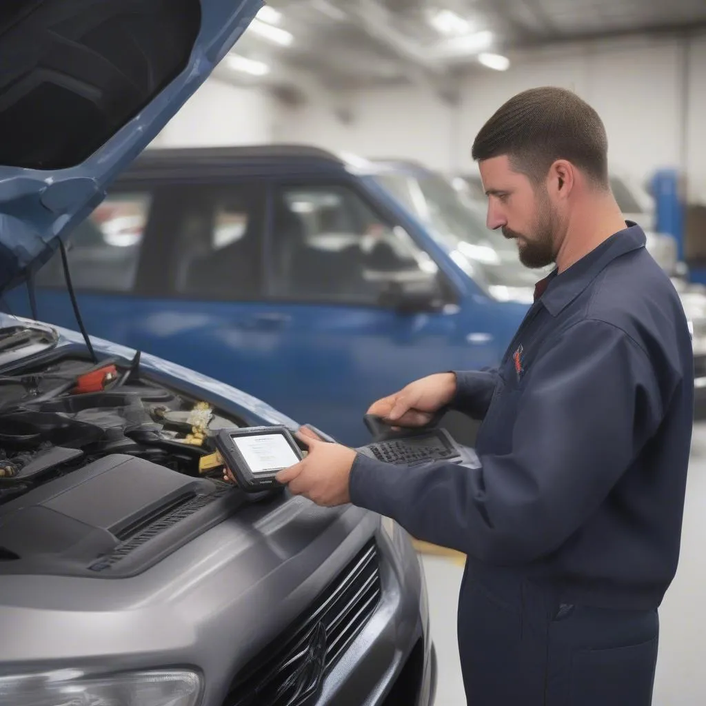 Mécanicien utilisant un disque USA pour diagnostiquer une voiture