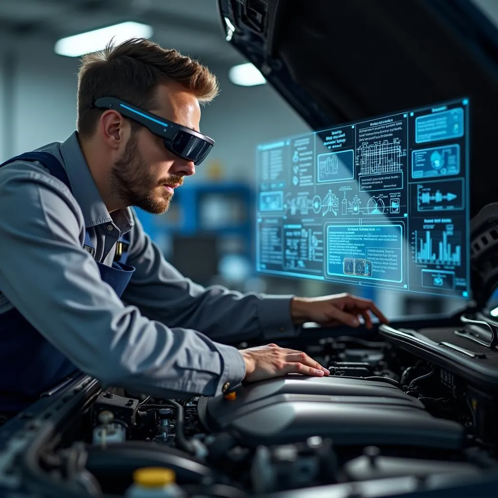 Mécanicien utilisant la réalité augmentée pour réparer une voiture