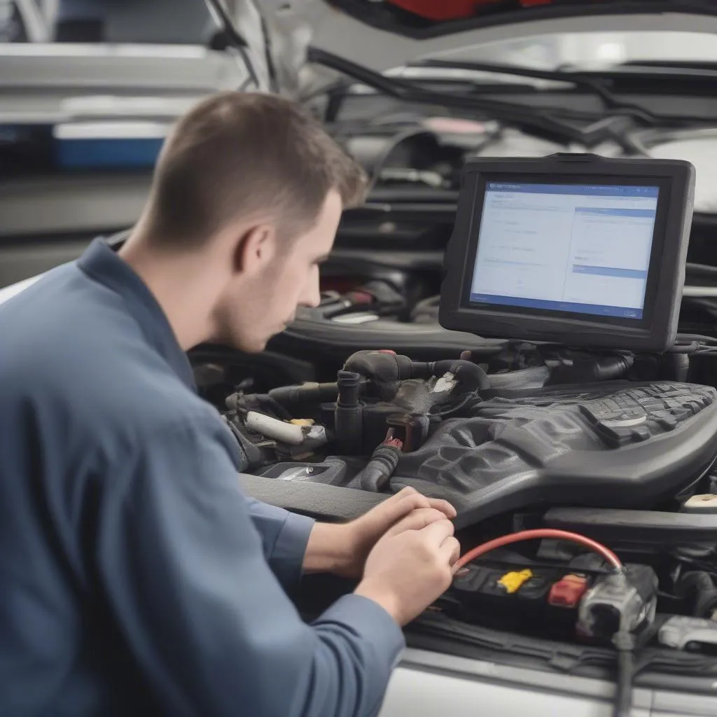 Mécanicien utilisant un scanner de diagnostic sur une voiture européenne