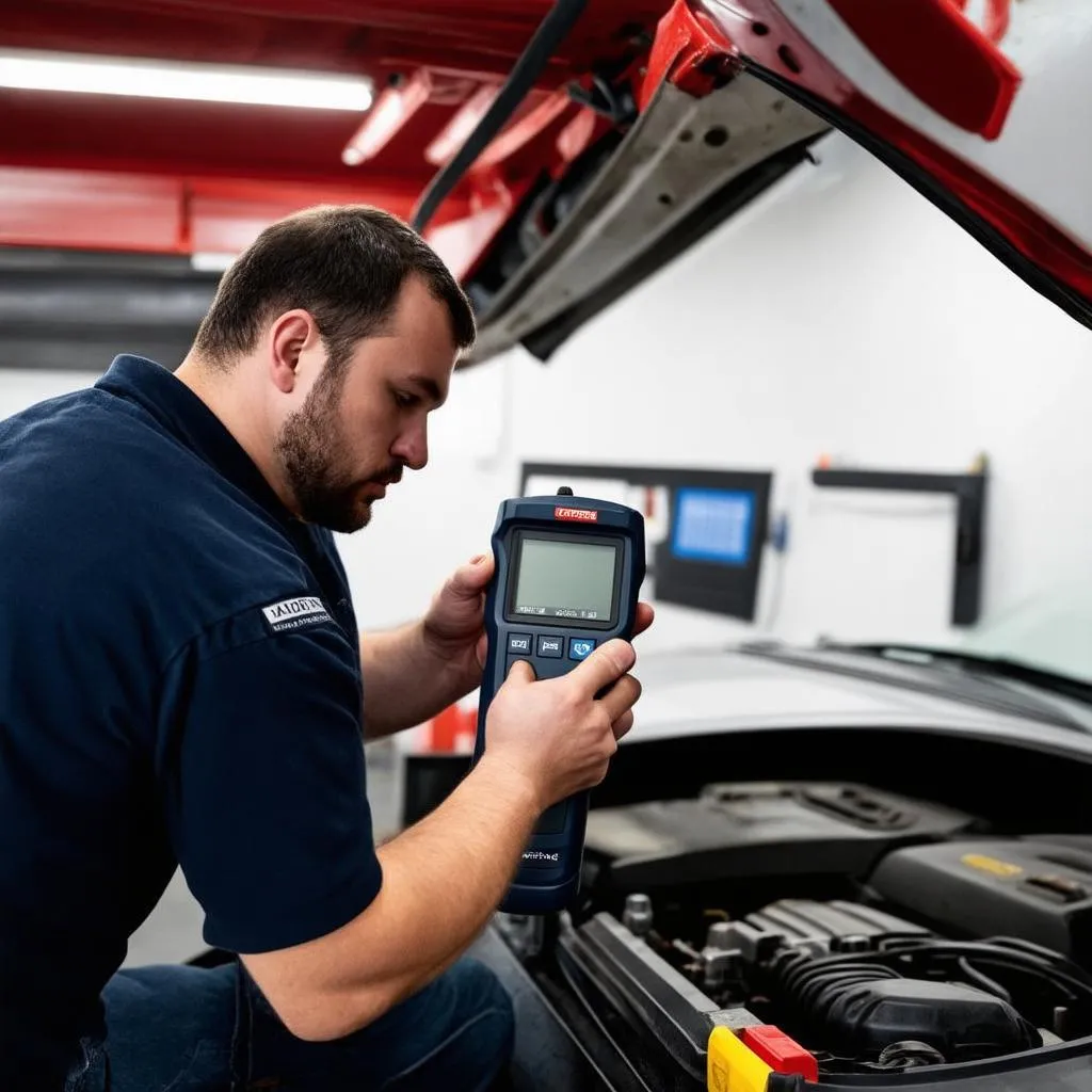 Mécanicien utilisant un outil de diagnostic