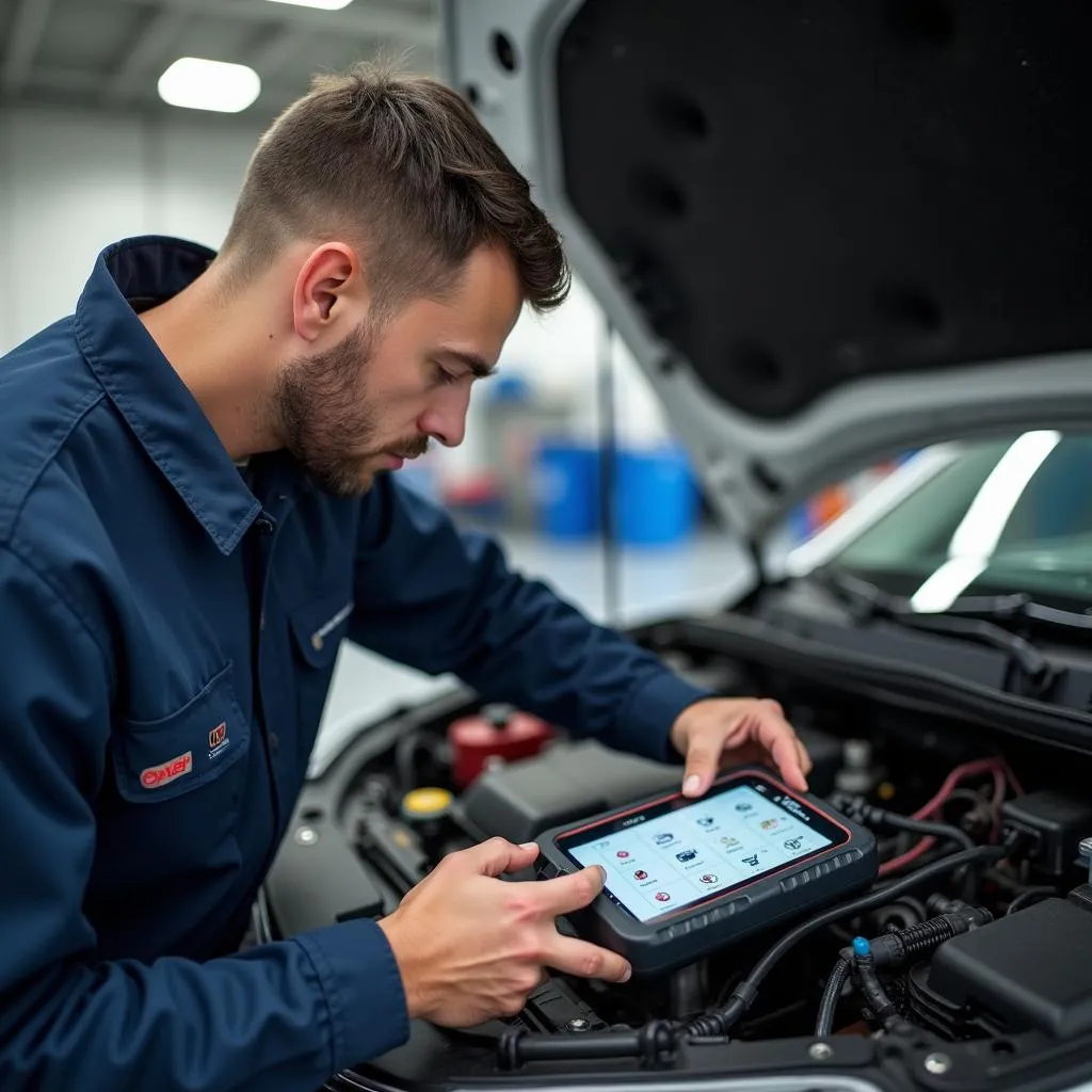 Mécanicien vérifiant le système électrique d'une voiture