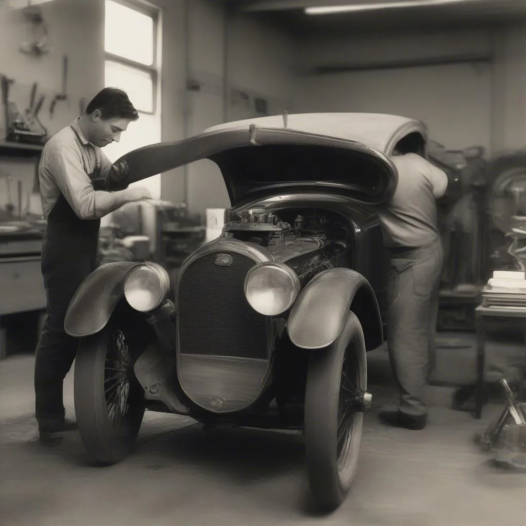 Mécanicien réparant une voiture ancienne