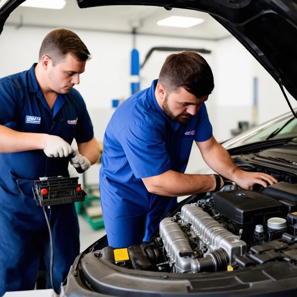 Mécanicien travaillant sur une voiture électrique