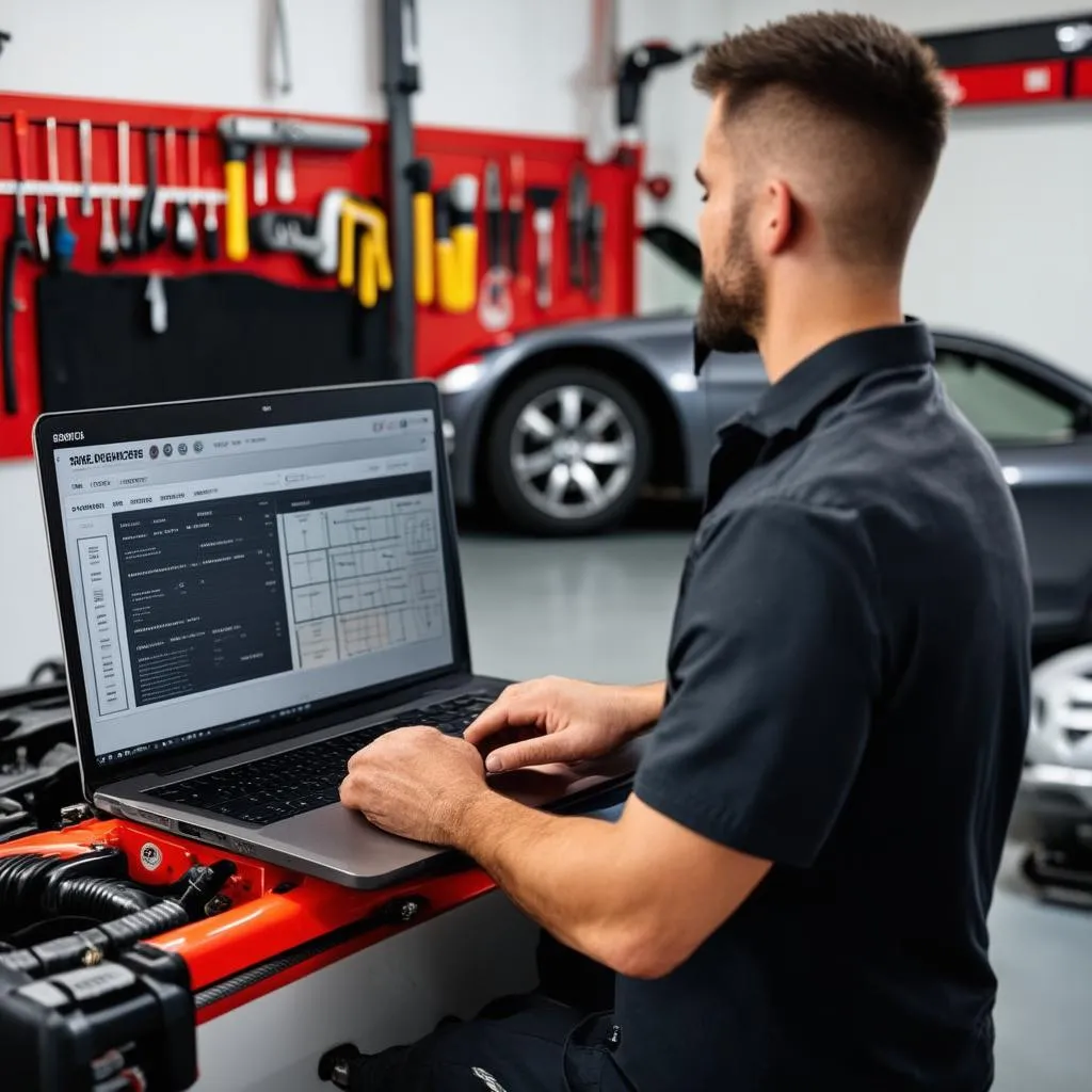 Mécanicien utilisant un ordinateur portable pour le diagnostic automobile dans un garage