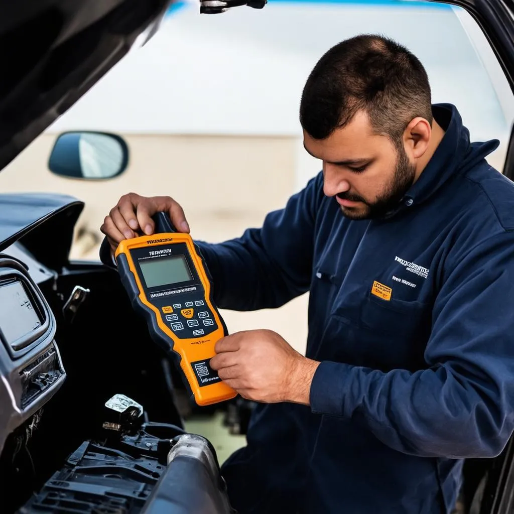 Mécanicien travaillant sur une voiture avec un outil de diagnostic