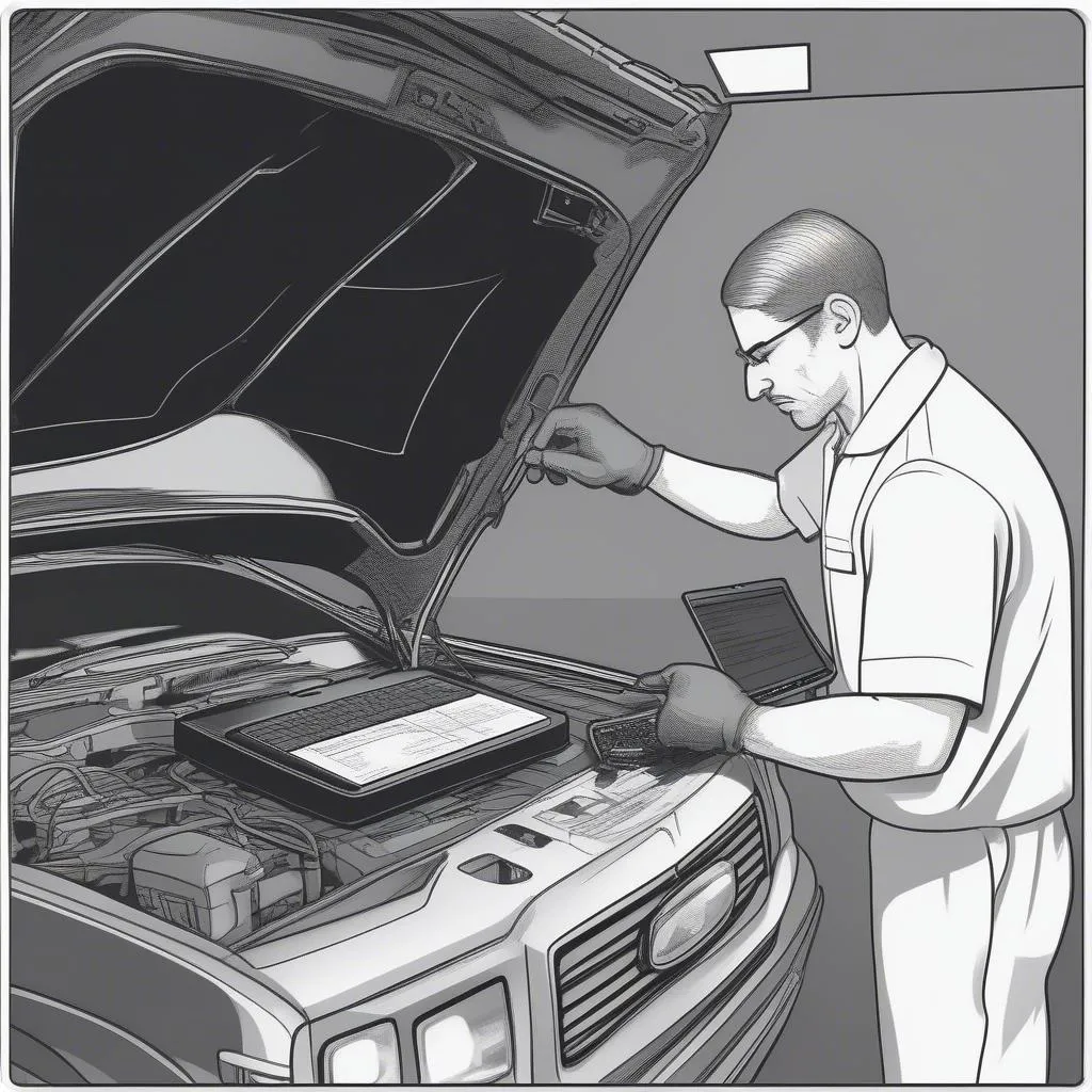 Mécaniciens utilisant un outil de diagnostic automobile (Dealer Scanner)