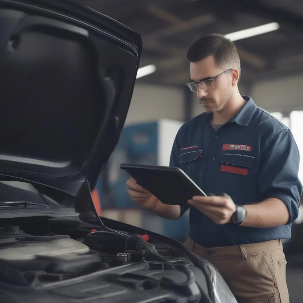 Technicien automobile utilisant un scanner Autel pour diagnostiquer un problème