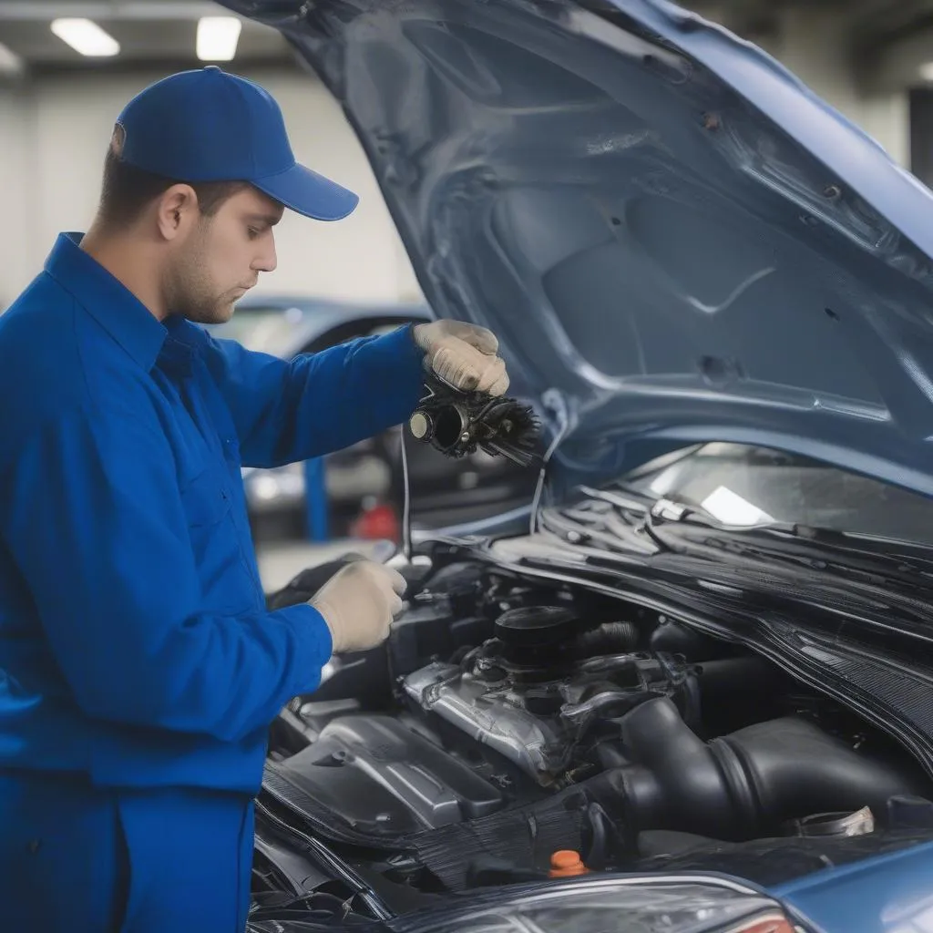 Mechanic checking car