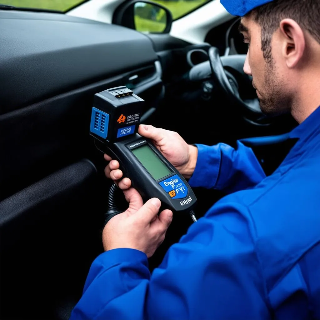 Un mécanicien utilisant un outil de diagnostic sur une voiture.