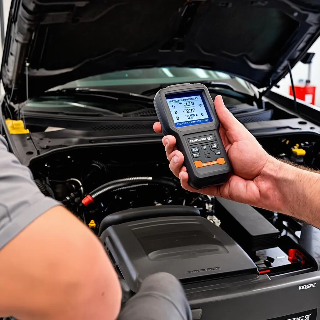 Mechanic Diagnosing Dodge Challenger with OBD2 Scanner