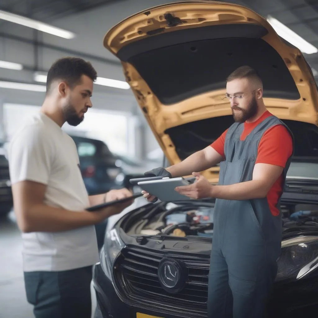 Mécanicien expliquant le diagnostic automobile à un client