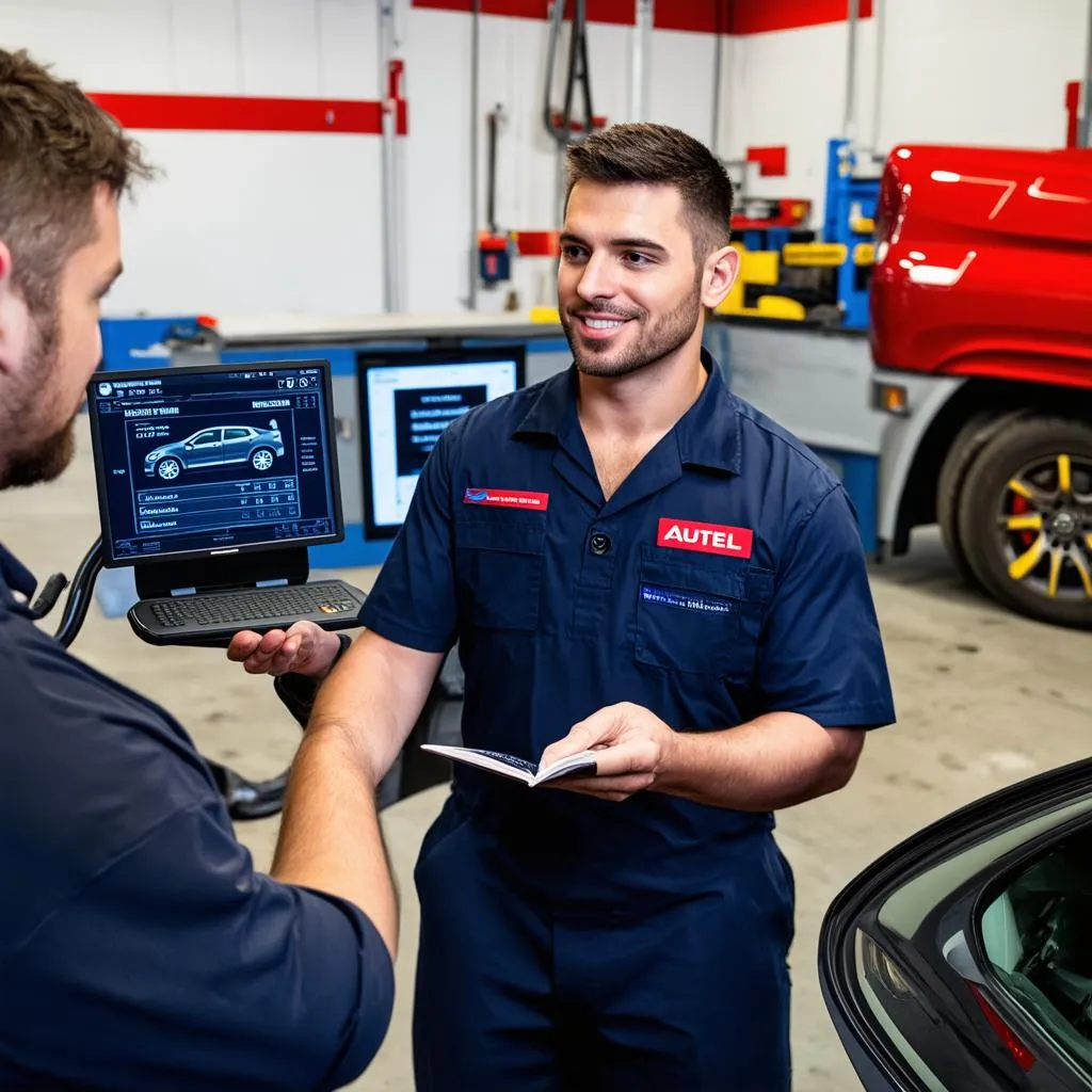 Mechanic explaining car diagnostics to customer