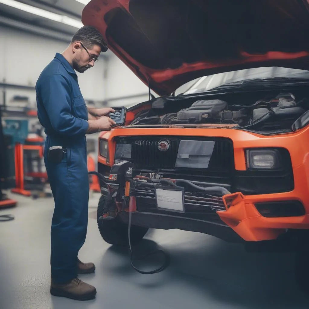 Mechanic inspecting a car with a diagnostic tool