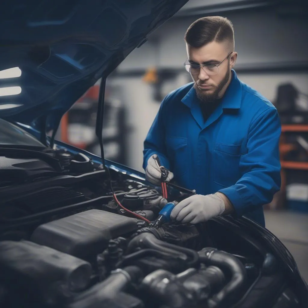 Mechanic inspecting a used car in a garage