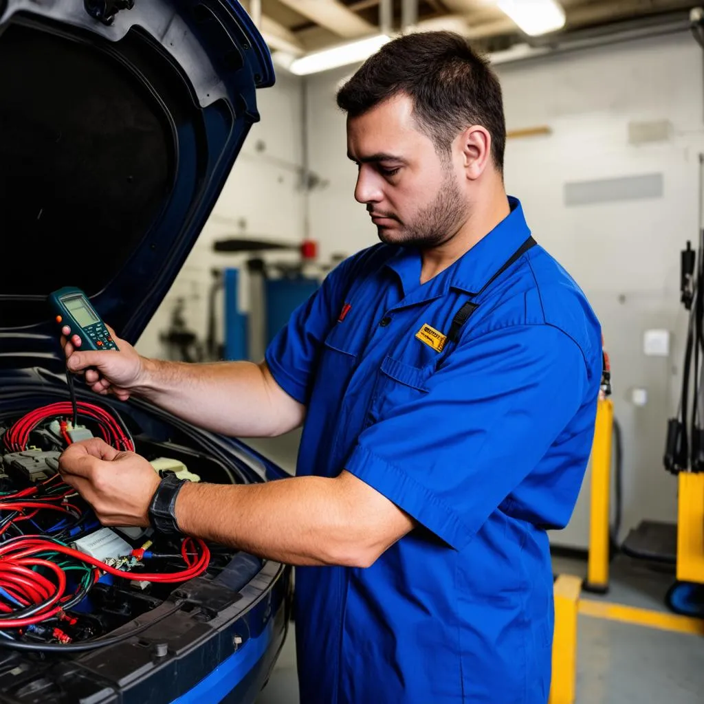 Mechanic inspecting car wiring harness