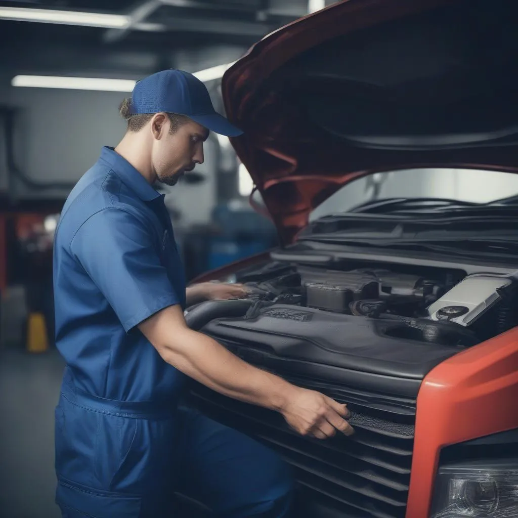 Mécanicien inspectant le moteur