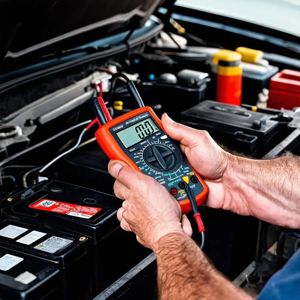 A mechanic testing car battery with multimeter