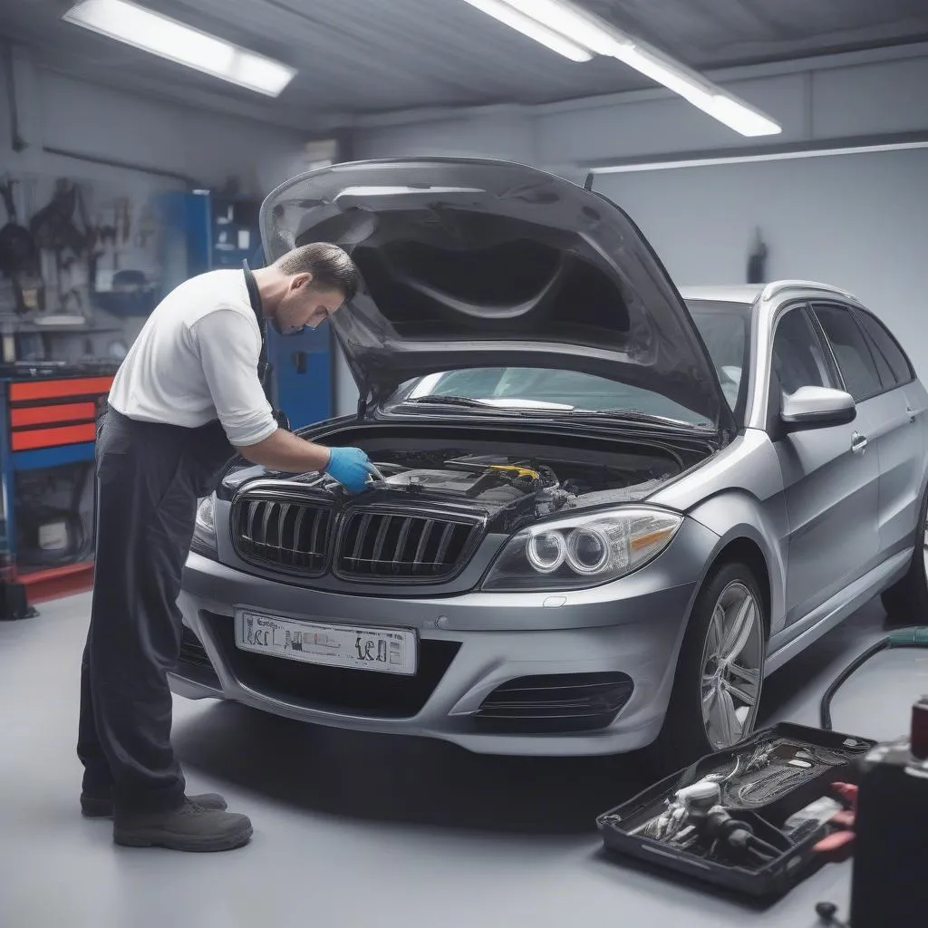 Mechanic using a diagnostic tool on a European car