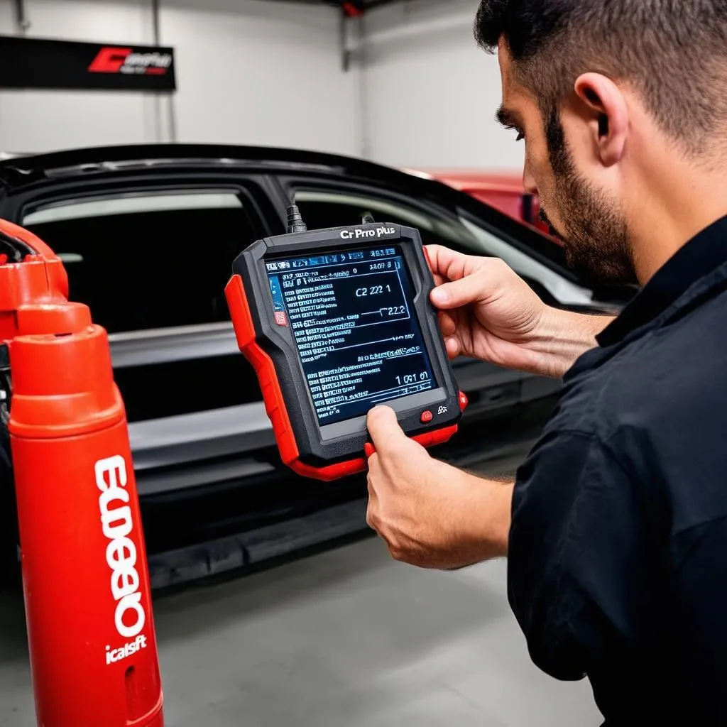 Mechanic using iCarsoft CR Pro Plus to diagnose a car problem