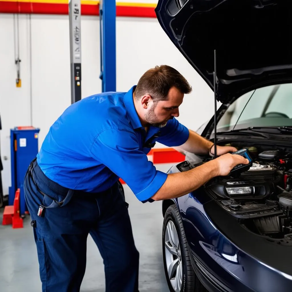 Mechanic using an OBD scanner on a car