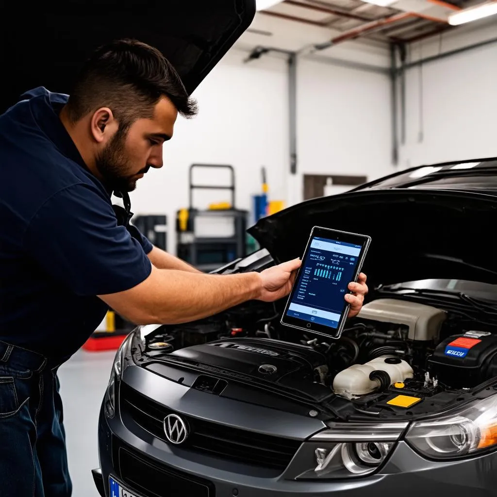 Mechanic Using OBD Scanner App