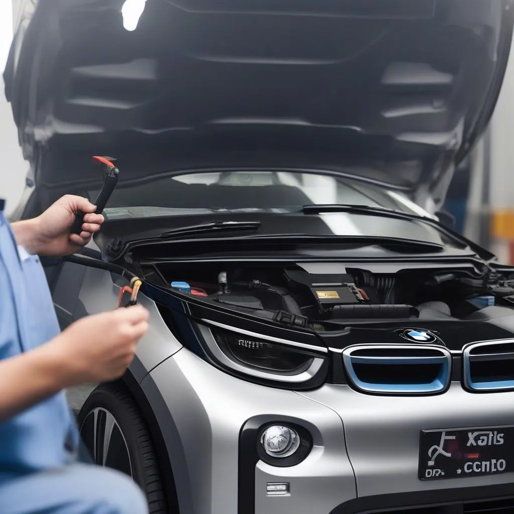 Mechanic using OBD scanner on BMW i3