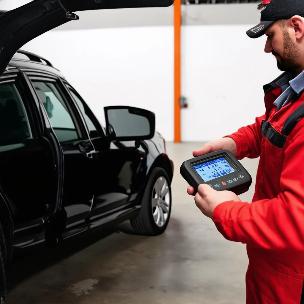 Un mécanicien utilise un scanner OBD sur une voiture dans un garage.