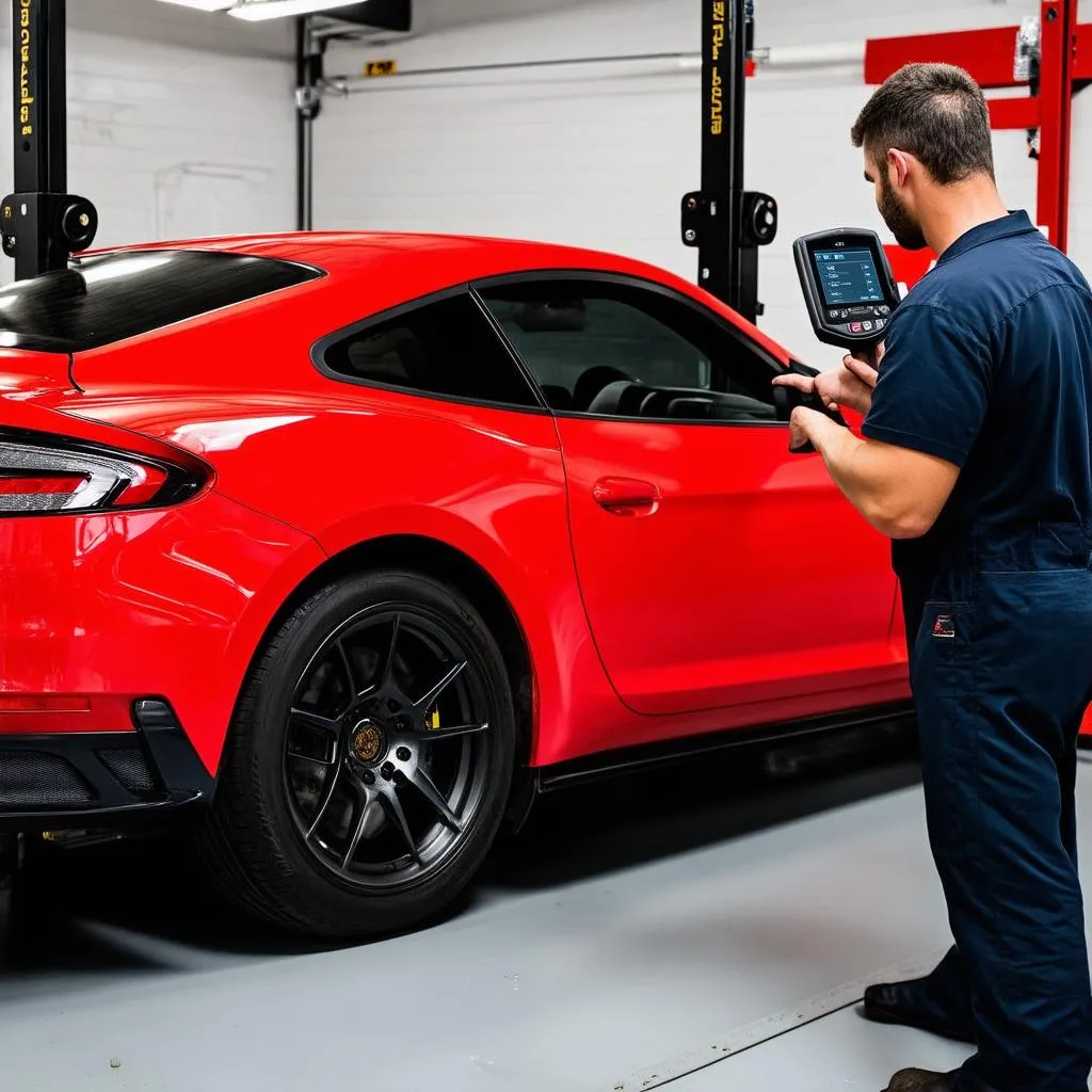 Mécanicien utilisant un scanner sur une voiture de sport