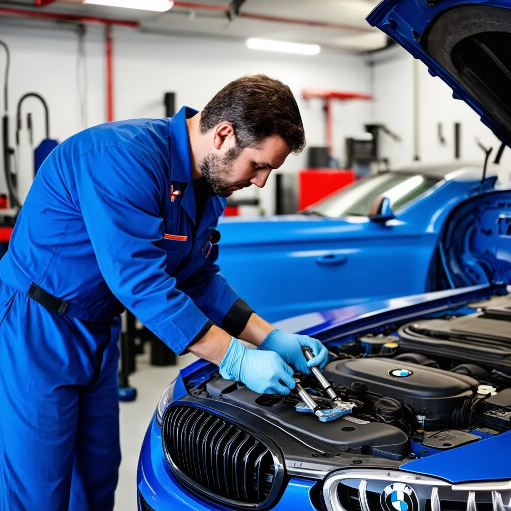 Mechanic working on a BMW car engine in a repair shop