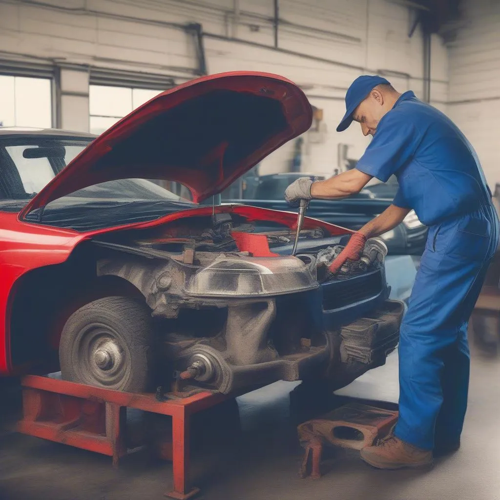 Mechanic working on car