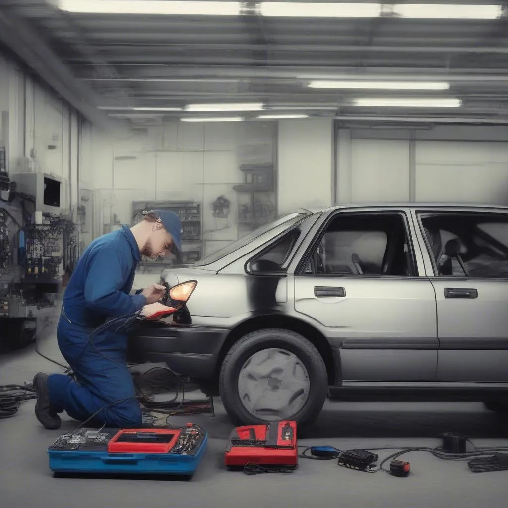 Mécanicien utilisant un outil de diagnostic sur une voiture