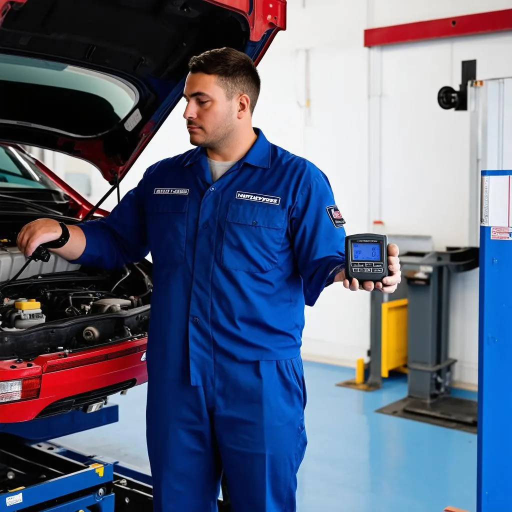 Mécanicien utilisant un outil de diagnostic