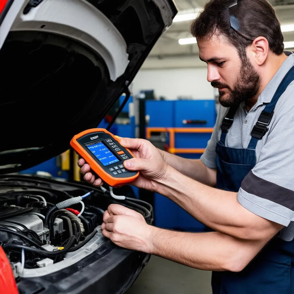 Mécanicien travaillant sur le diagnostic d'une voiture