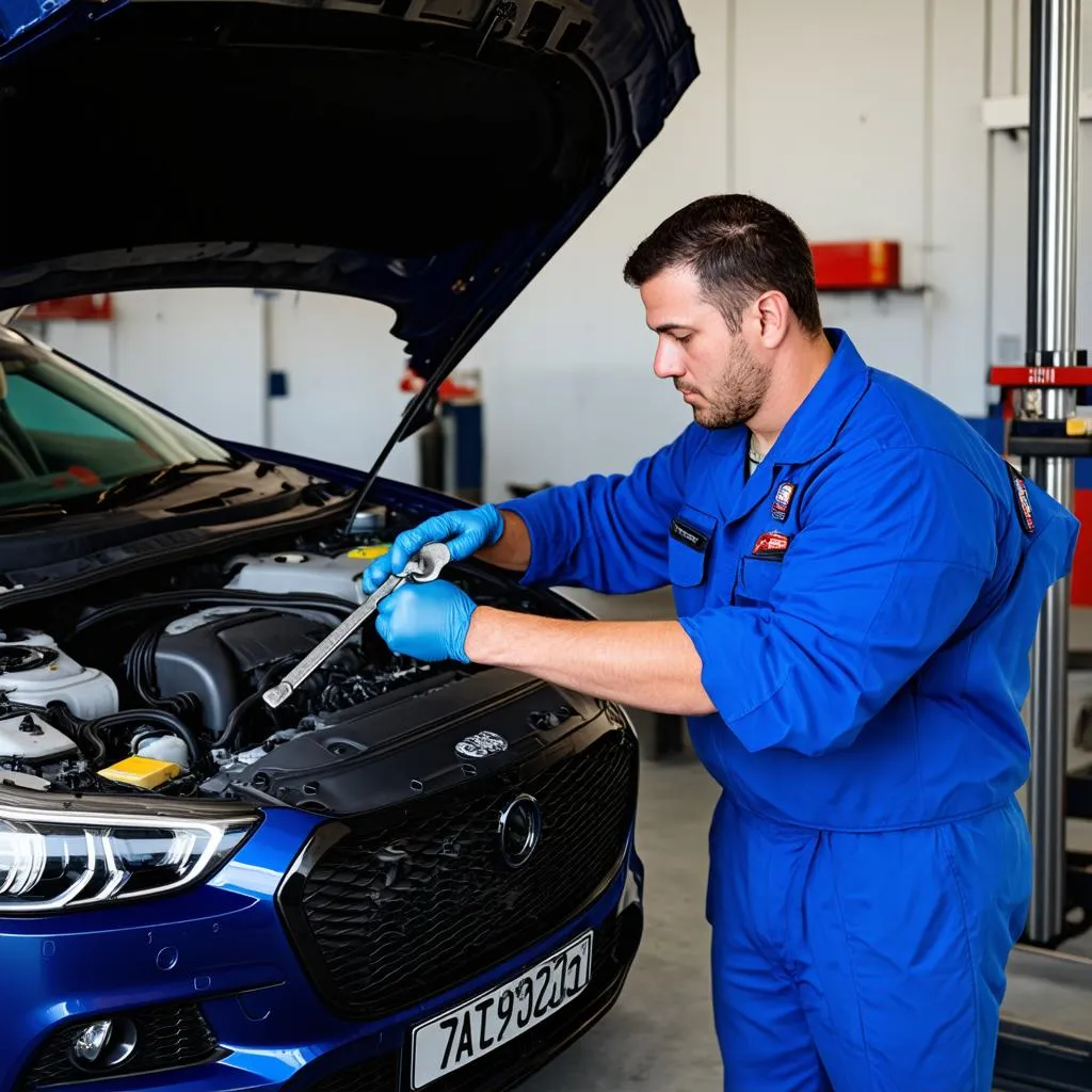 Mécanicien travaillant sur le moteur d'une voiture