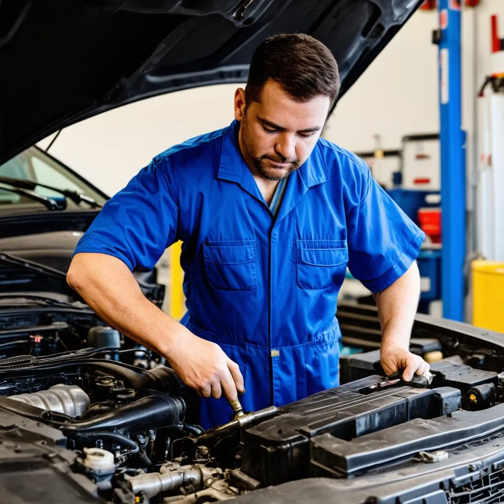 Mechanic Working On Car Engine