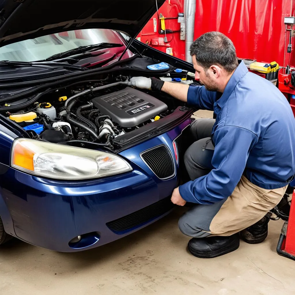 Mécanicien travaillant sur le moteur d'une Pontiac Grand Prix