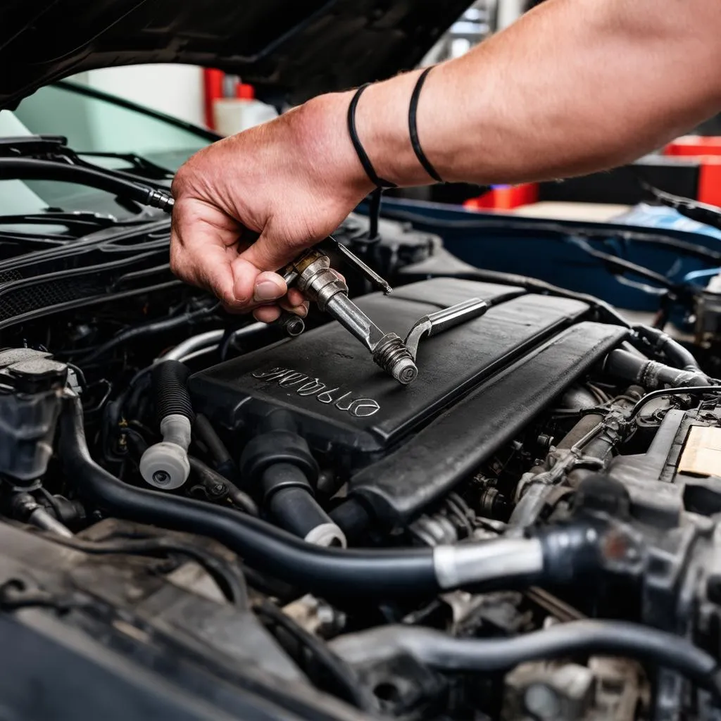 Mécanicien travaillant sur un moteur Mercedes