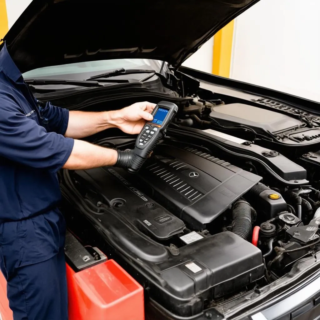 Mechanic working on W210 engine