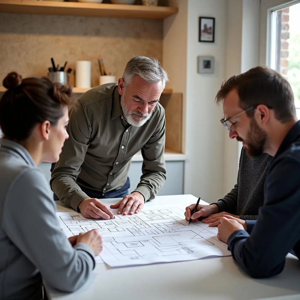 Menuisier agenceur à Saint Laurent des Autels discutant d'un projet de cuisine avec des clients