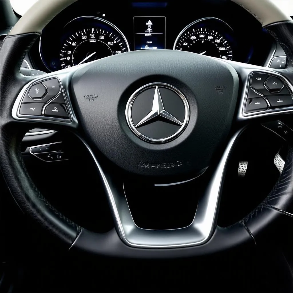 Gros plan d'un volant Mercedes avec le bouton de chauffage activé