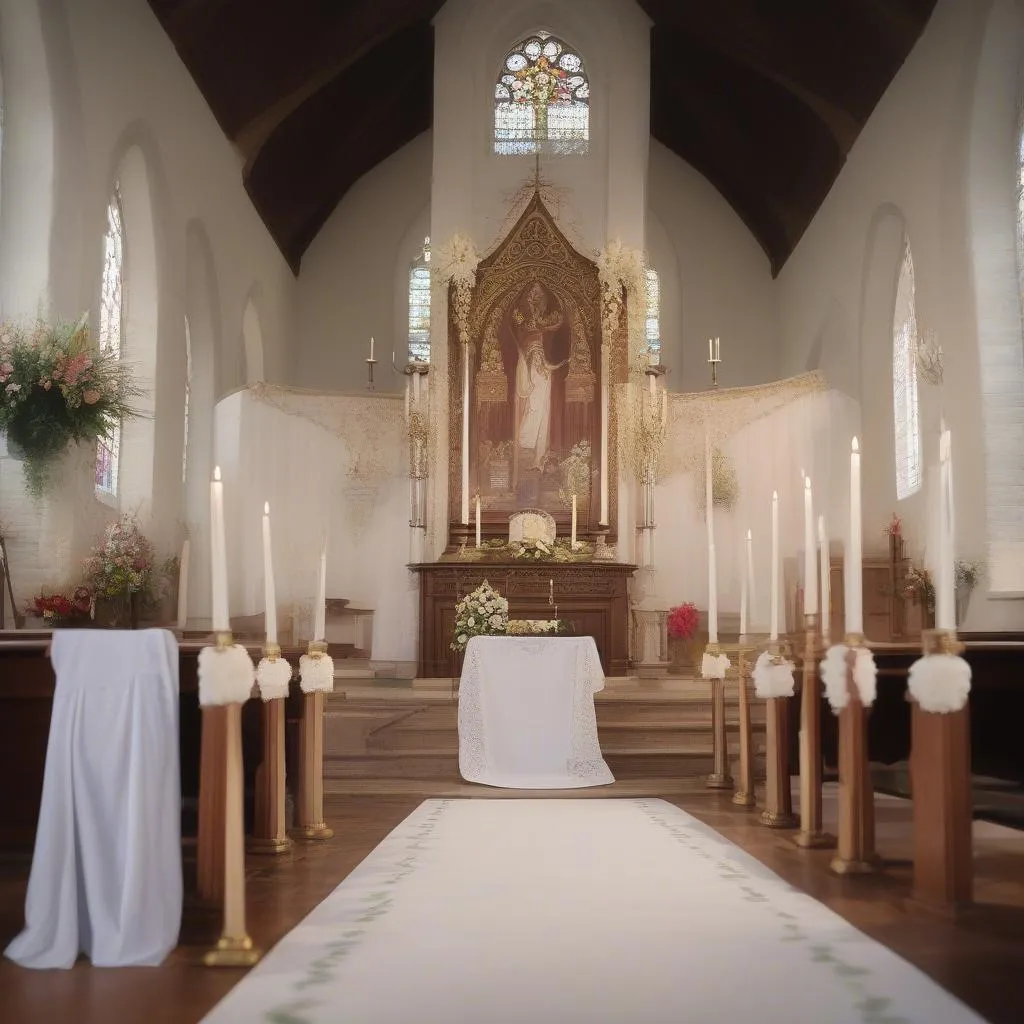 Nappe d'autel blanche lors d'une cérémonie religieuse