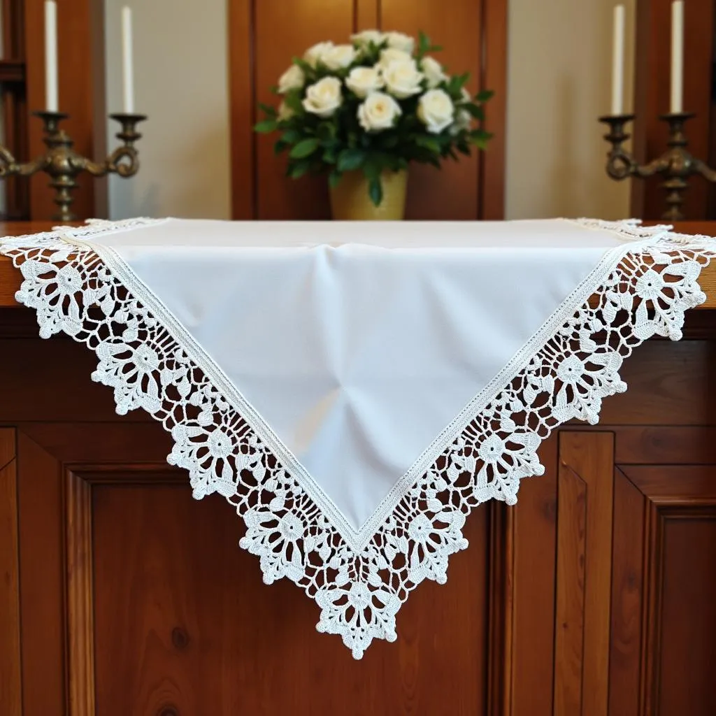 Nappe d'autel ornée d'une bordure au crochet dans une église