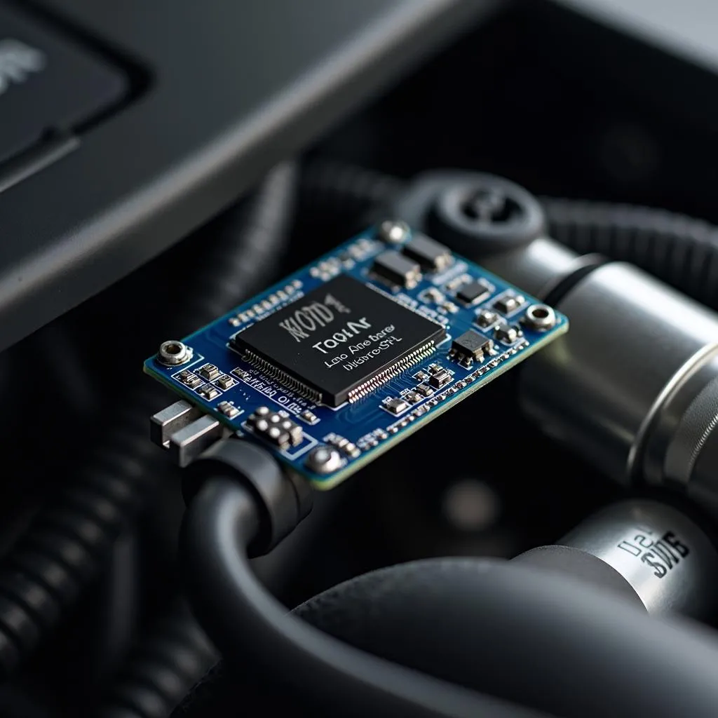 Un OBD tuner chip connecté au moteur d'une voiture