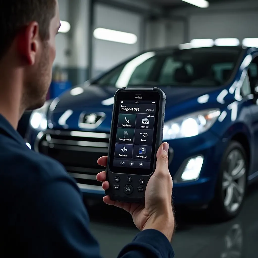 Mécanicien utilisant un outil de diagnostic Autel sur une Peugeot 308